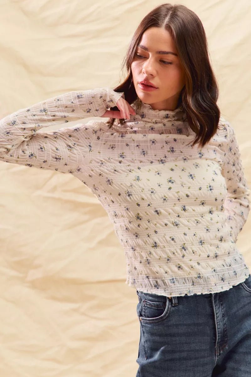 SO ME Floral Print Textured Long Sleeve Knit Top - Demented Sisters