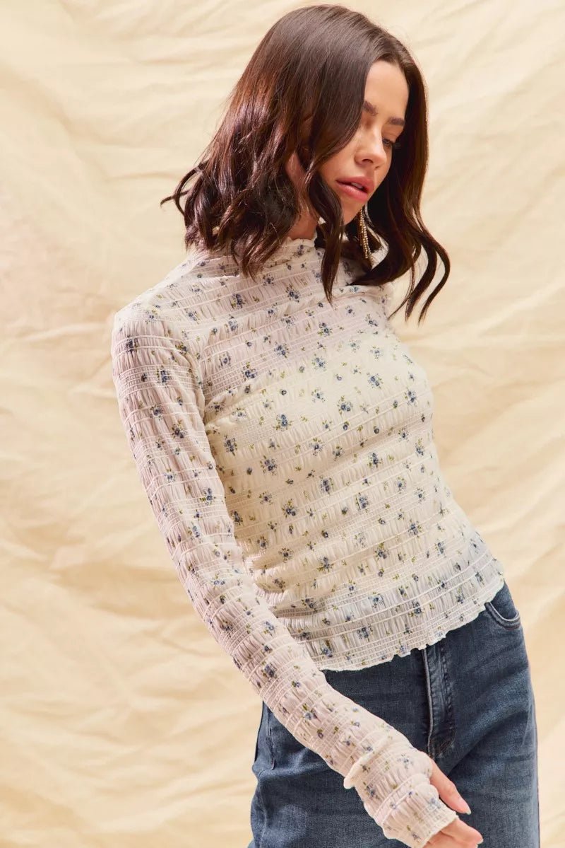 SO ME Floral Print Textured Long Sleeve Knit Top - Demented Sisters