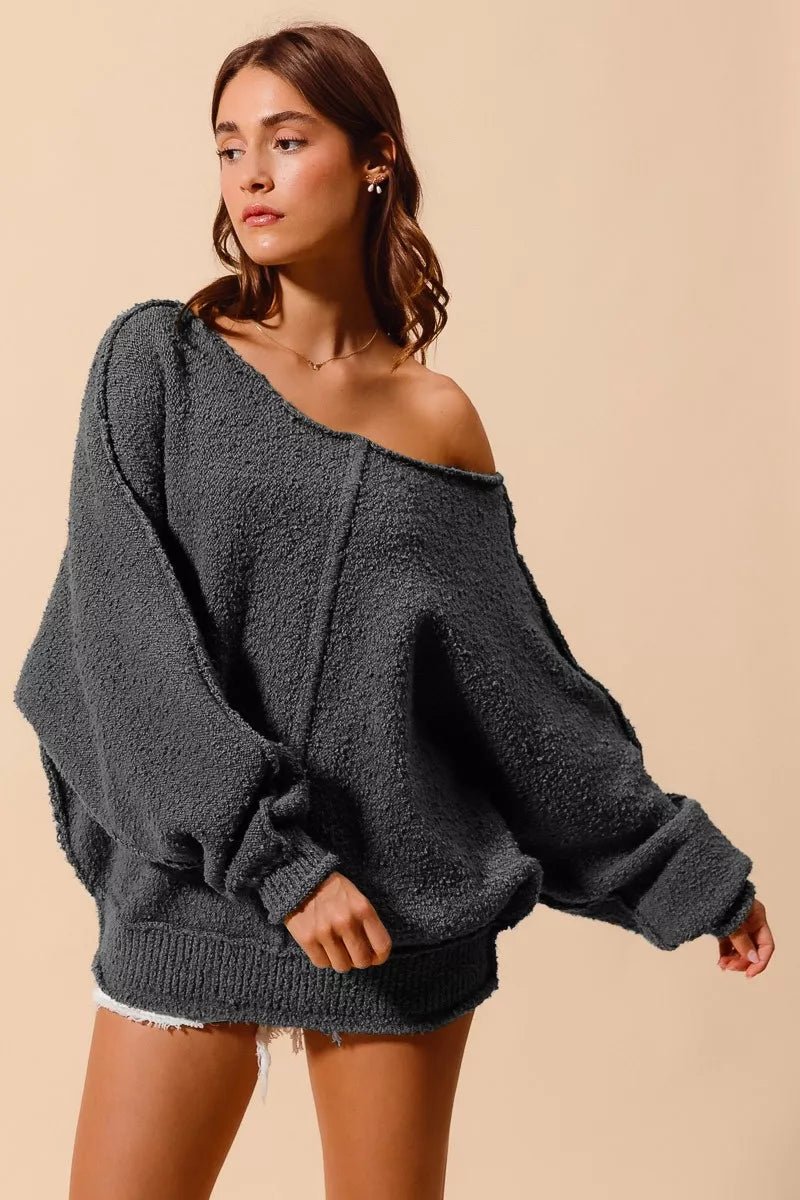 SO ME Loose Fit Exposed Seam Slouchy Boucle Sweater - Demented Sisters