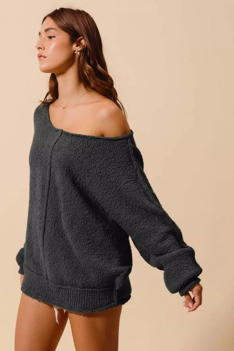 SO ME Loose Fit Exposed Seam Slouchy Boucle Sweater - Demented Sisters