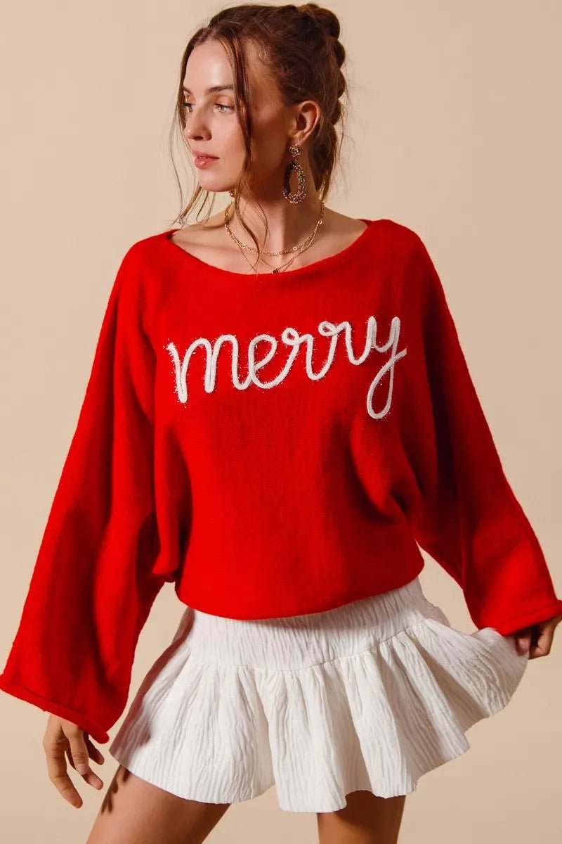 SO ME Merry Tinsel Lettering Christmas Sweater Top - Demented Sisters
