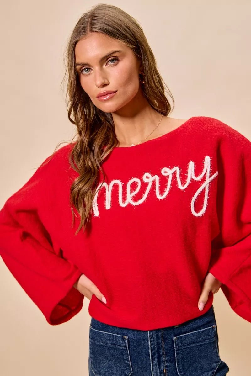 SO ME Merry Tinsel Lettering Christmas Sweater Top - Demented Sisters