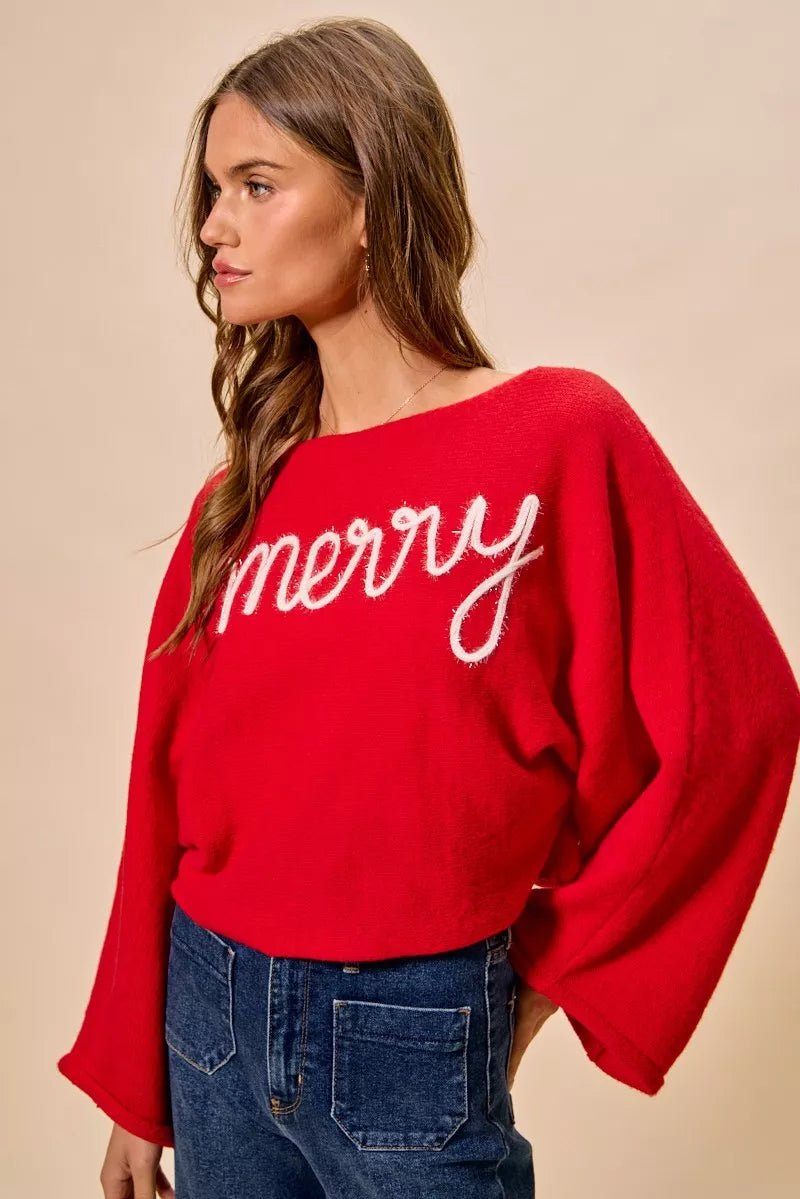 SO ME Merry Tinsel Lettering Christmas Sweater Top - Demented Sisters