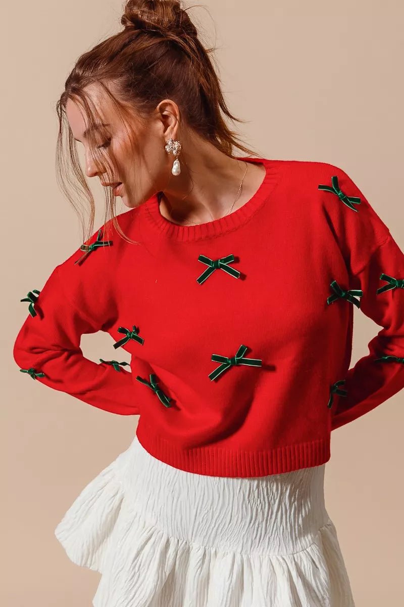 SO ME Ribbon Bow Applique Sweater - Demented Sisters