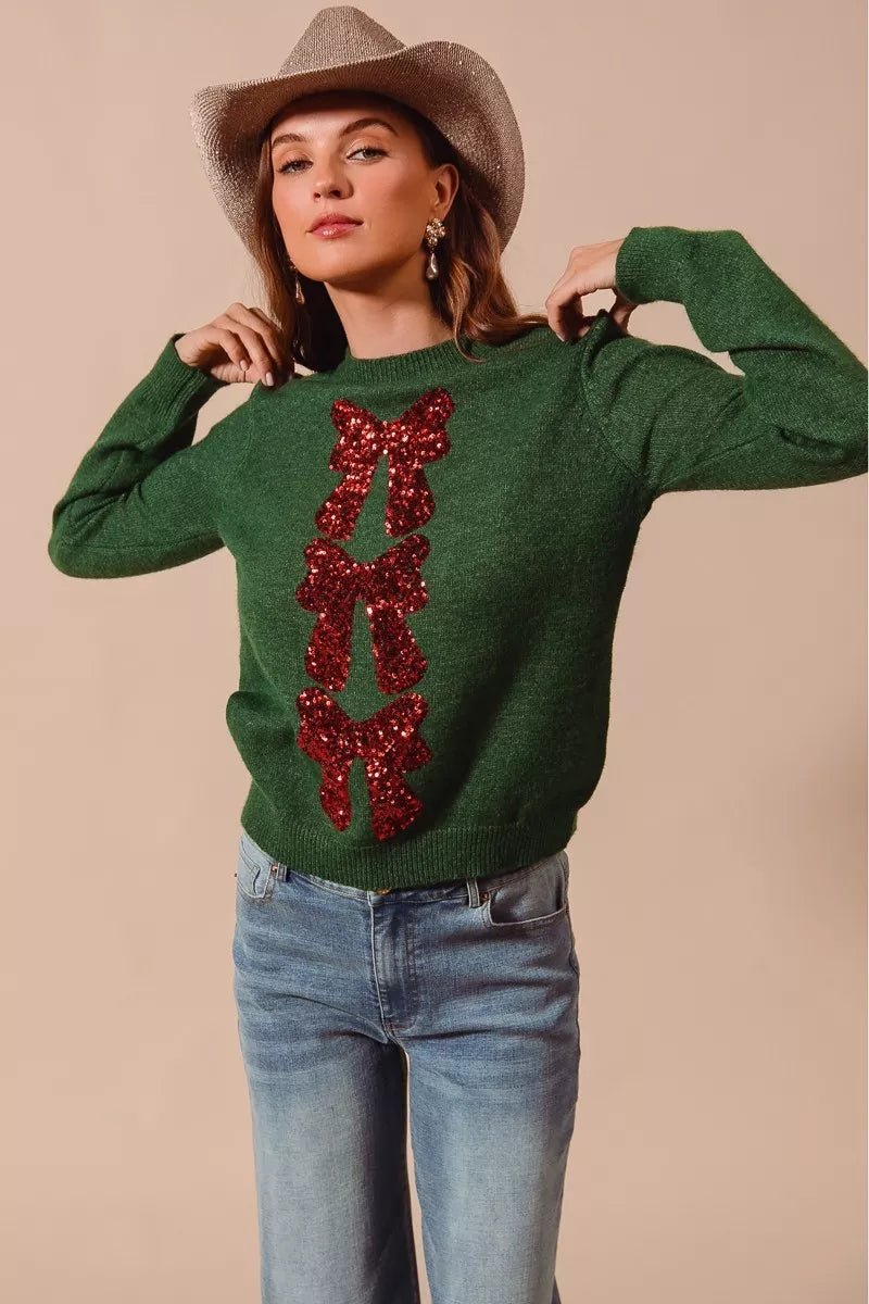 SO ME Sequins Bow Ribbon Embellished Christmas Sweater - Demented Sisters