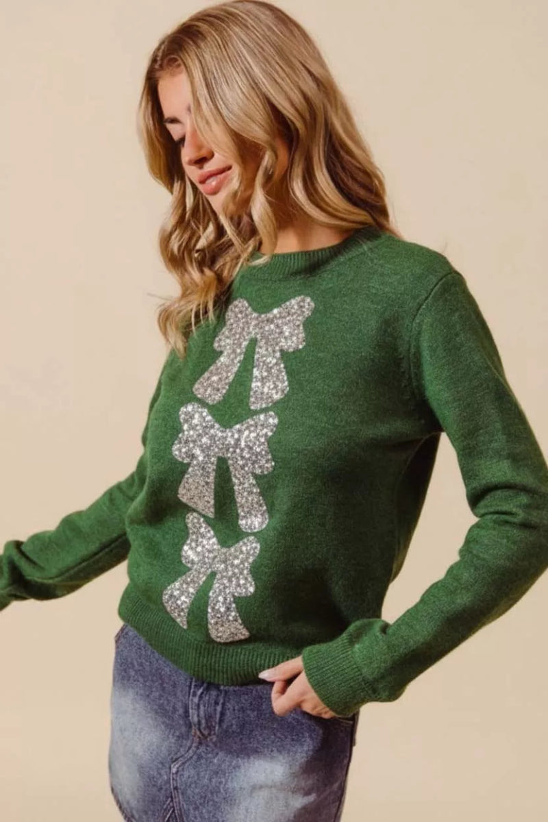 SO ME Sequins Bow Ribbon Embellished Christmas Sweater - Demented Sisters