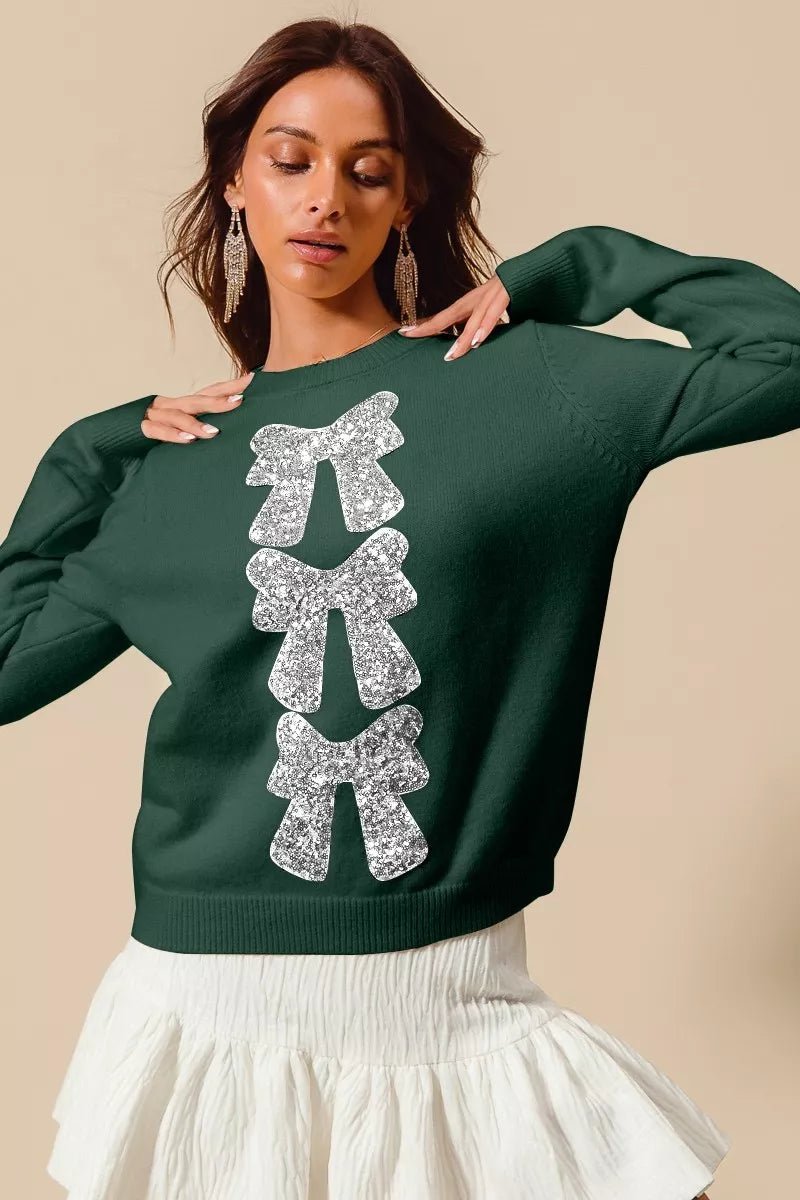 SO ME Sequins Bow Ribbon Embellished Christmas Sweater - Demented Sisters