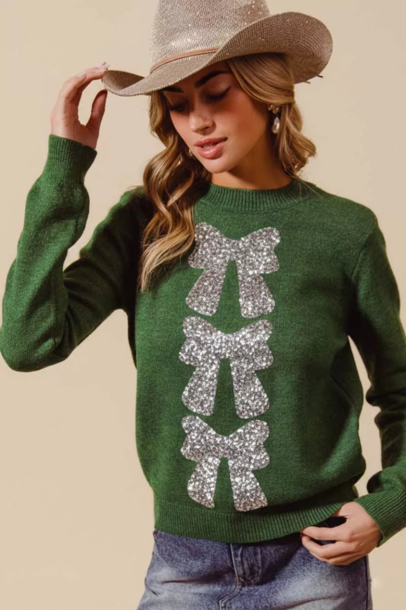 SO ME Sequins Bow Ribbon Embellished Christmas Sweater - Demented Sisters