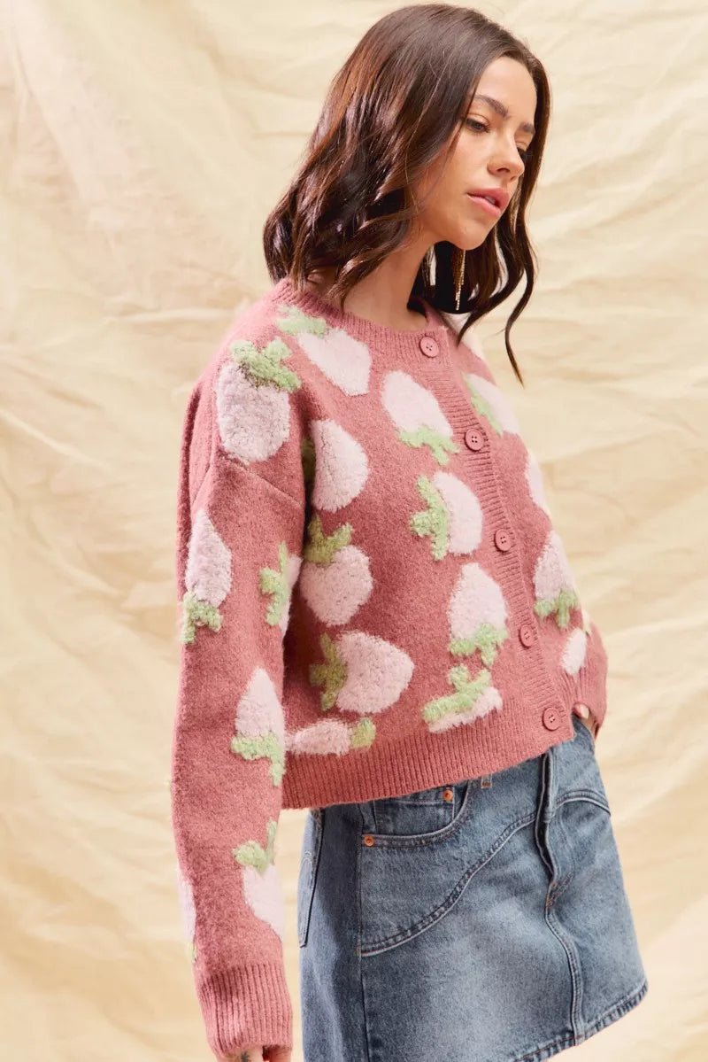 SO ME Strawberry Fruit All Over Button Sweater Cardigan - Demented Sisters