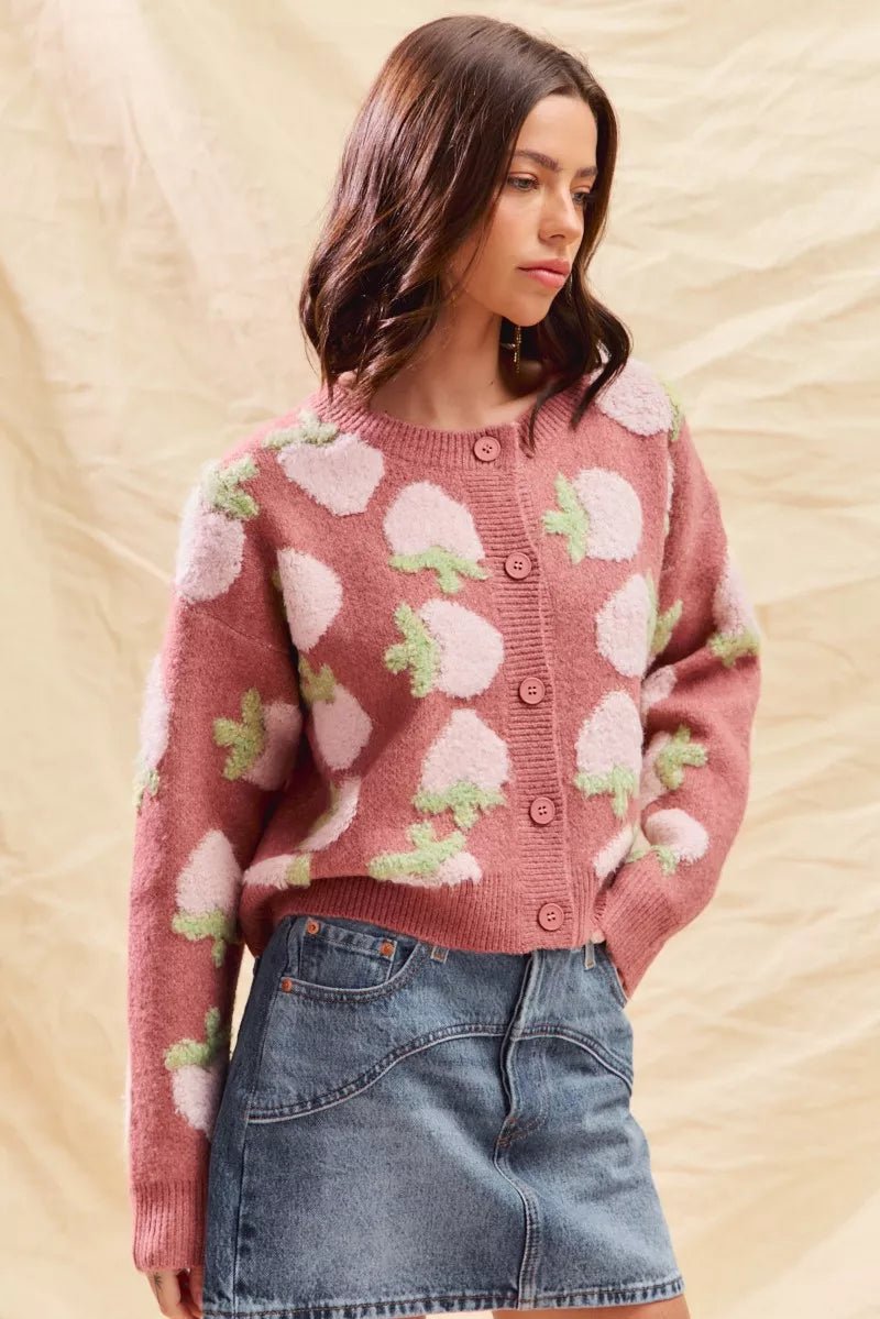 SO ME Strawberry Fruit All Over Button Sweater Cardigan - Demented Sisters
