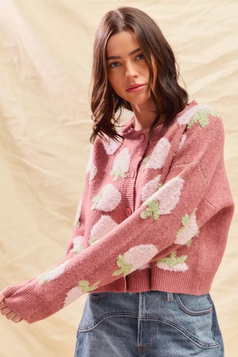 SO ME Strawberry Fruit All Over Button Sweater Cardigan - Demented Sisters
