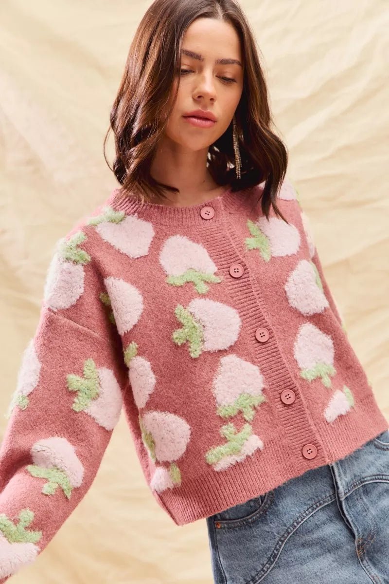 SO ME Strawberry Fruit All Over Button Sweater Cardigan - Demented Sisters