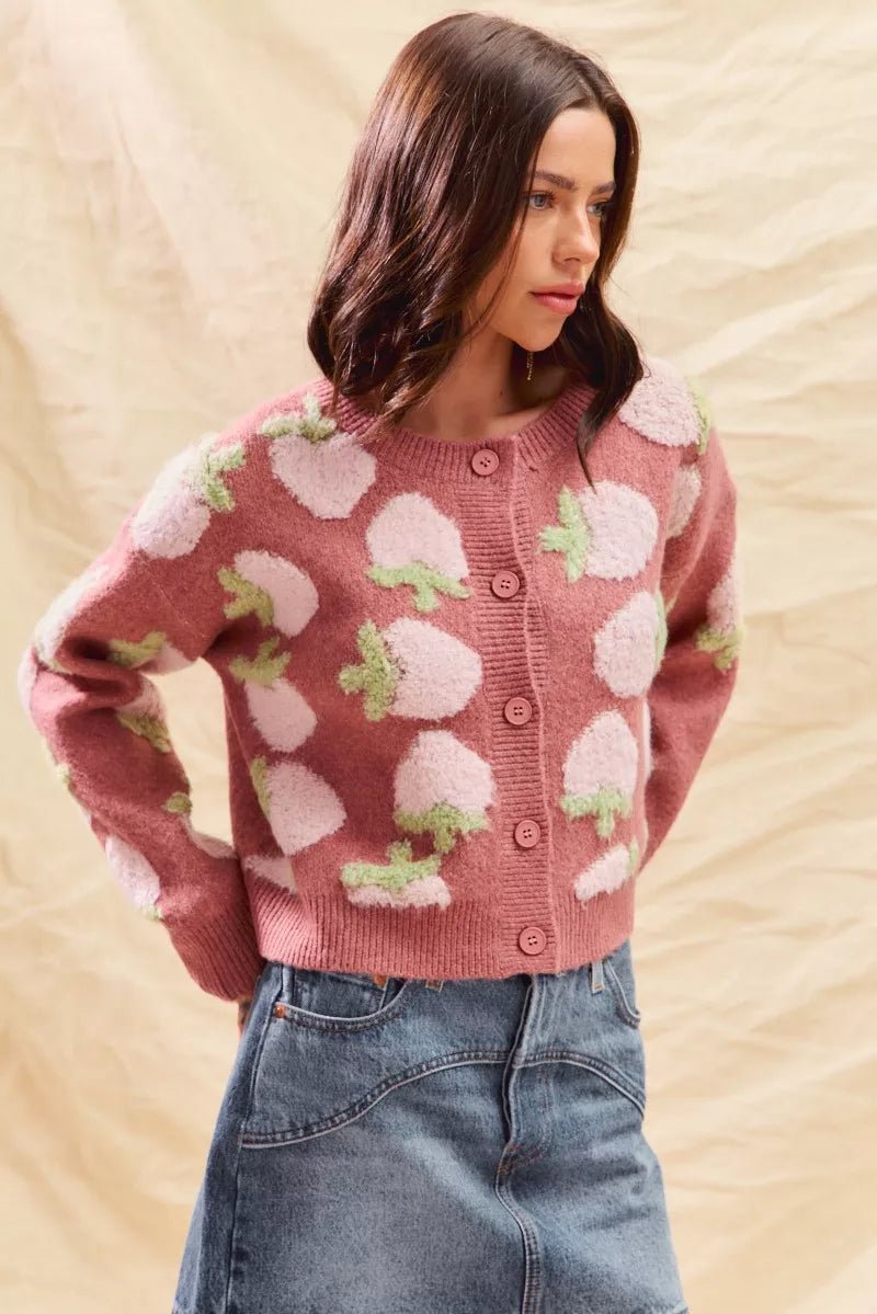 SO ME Strawberry Fruit All Over Button Sweater Cardigan - Demented Sisters