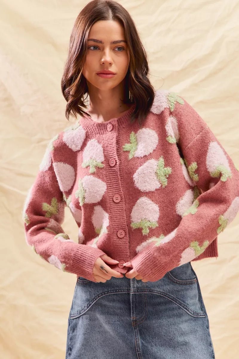 SO ME Strawberry Fruit All Over Button Sweater Cardigan - Demented Sisters