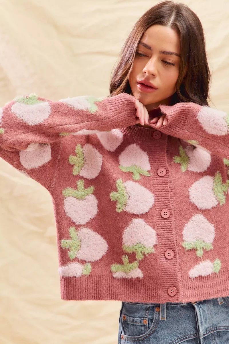 SO ME Strawberry Fruit All Over Button Sweater Cardigan - Demented Sisters
