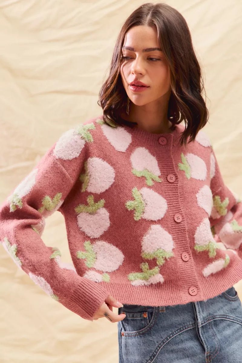SO ME Strawberry Fruit All Over Button Sweater Cardigan - Demented Sisters