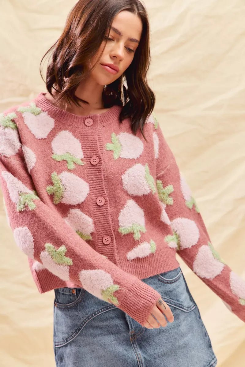 SO ME Strawberry Fruit All Over Button Sweater Cardigan - Demented Sisters