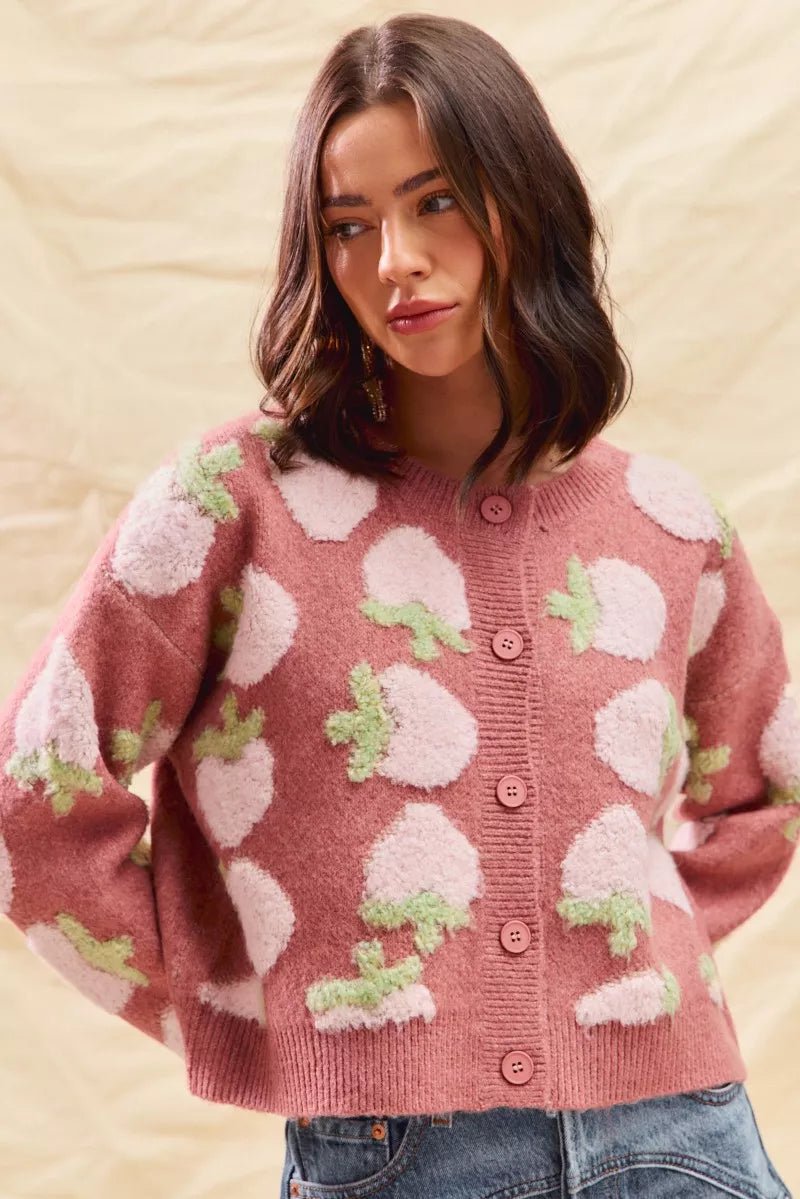 SO ME Strawberry Fruit All Over Button Sweater Cardigan - Demented Sisters