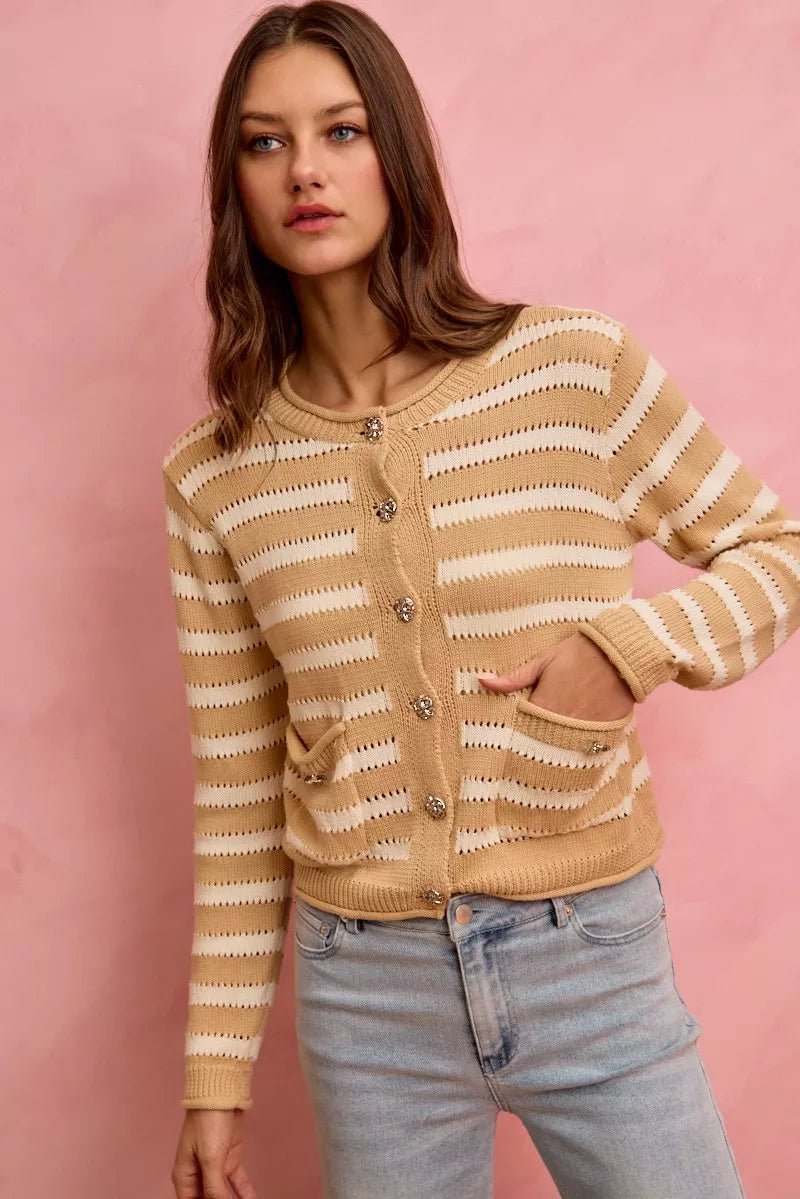 SO ME Stripe Long Sleeves Button Sweater Cardigan - Demented Sisters