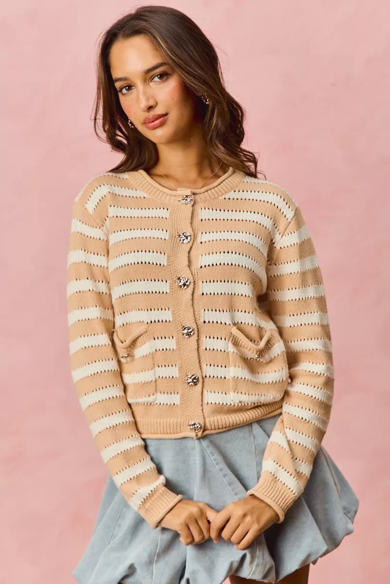 SO ME Stripe Long Sleeves Button Sweater Cardigan - Demented Sisters