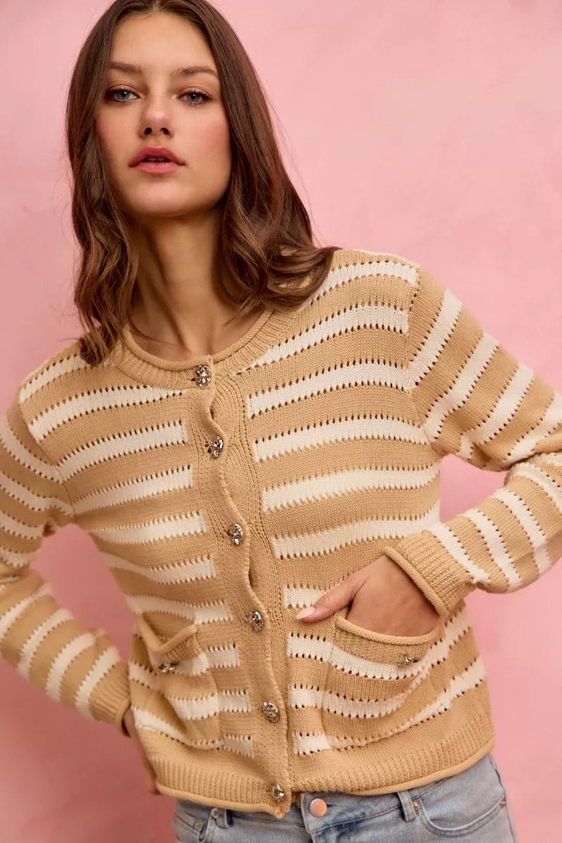 SO ME Stripe Long Sleeves Button Sweater Cardigan - Demented Sisters