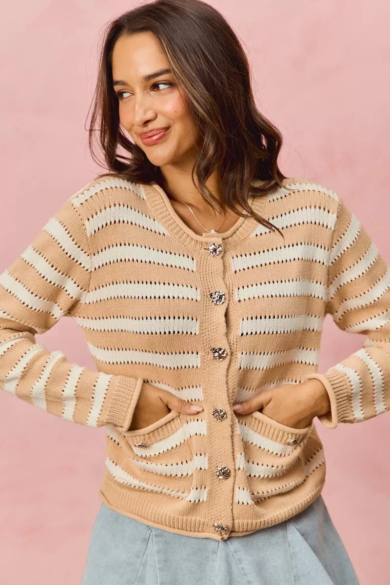 SO ME Stripe Long Sleeves Button Sweater Cardigan - Demented Sisters