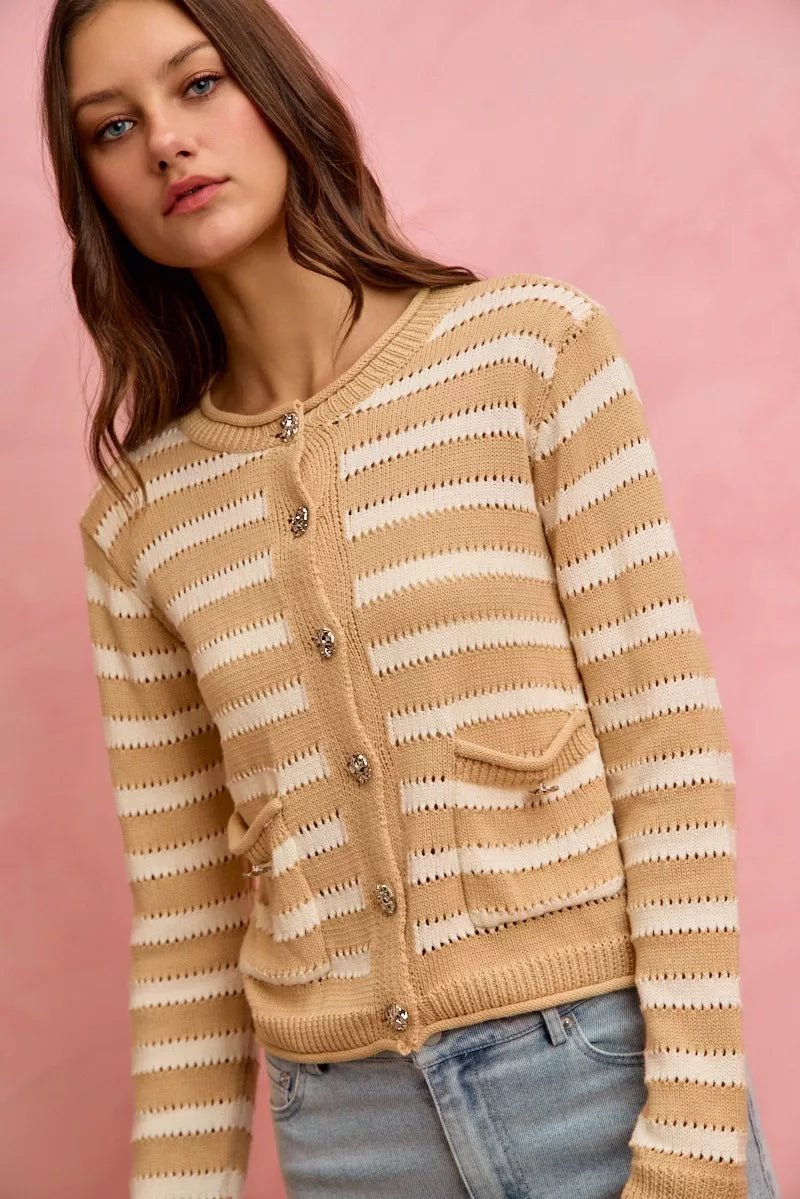 SO ME Stripe Long Sleeves Button Sweater Cardigan - Demented Sisters