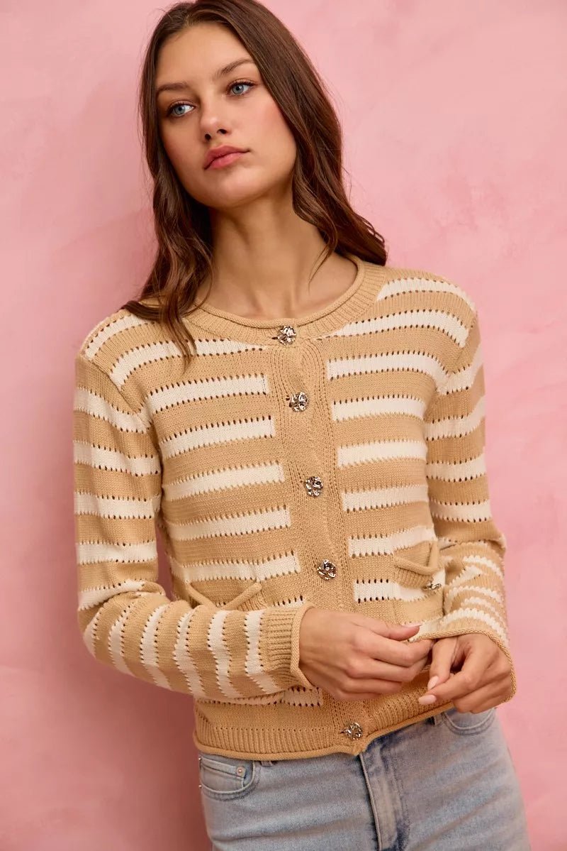 SO ME Stripe Long Sleeves Button Sweater Cardigan - Demented Sisters
