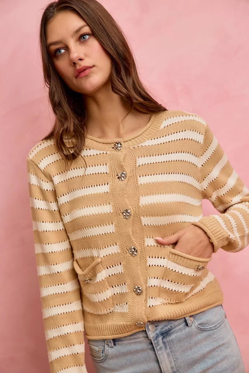 SO ME Stripe Long Sleeves Button Sweater Cardigan - Demented Sisters