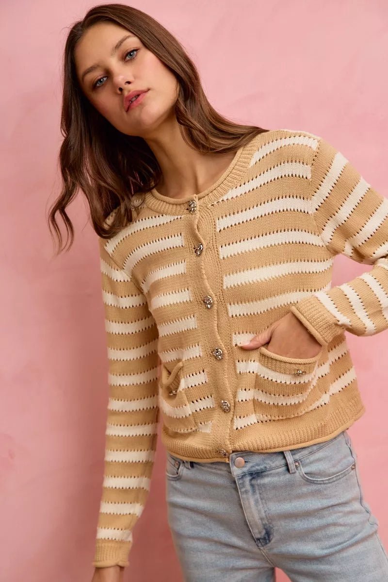 SO ME Stripe Long Sleeves Button Sweater Cardigan - Demented Sisters