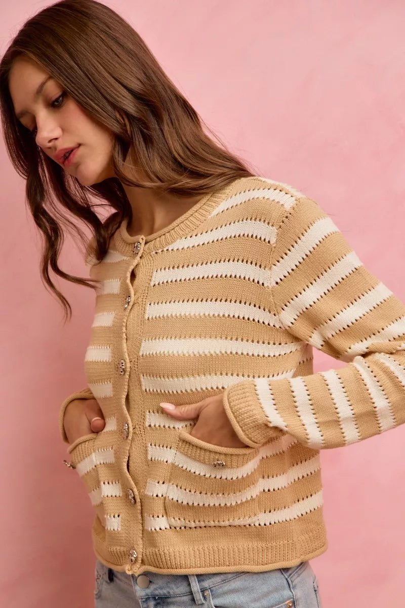 SO ME Stripe Long Sleeves Button Sweater Cardigan - Demented Sisters