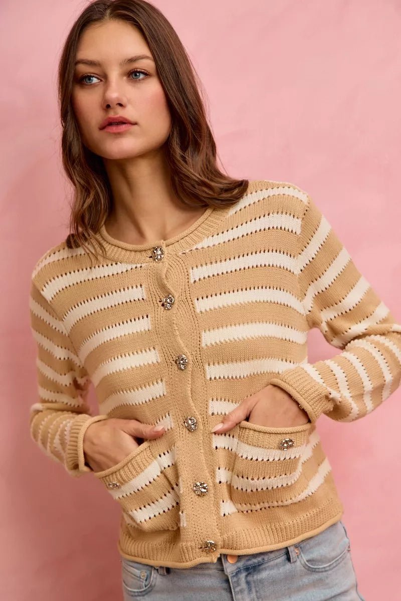 SO ME Stripe Long Sleeves Button Sweater Cardigan - Demented Sisters