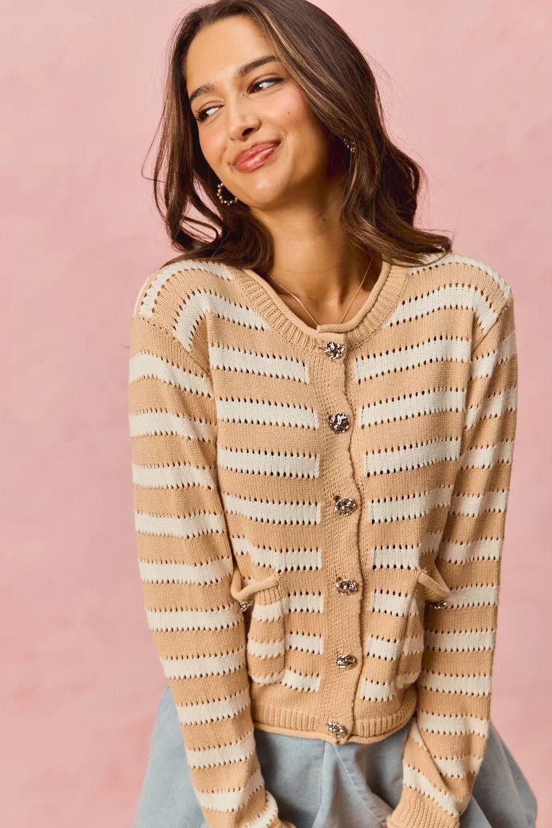 SO ME Stripe Long Sleeves Button Sweater Cardigan - Demented Sisters