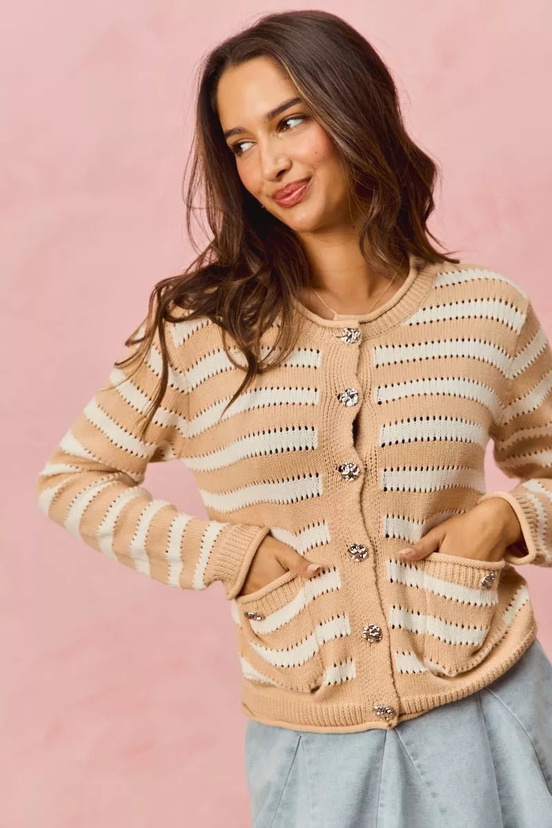 SO ME Stripe Long Sleeves Button Sweater Cardigan - Demented Sisters
