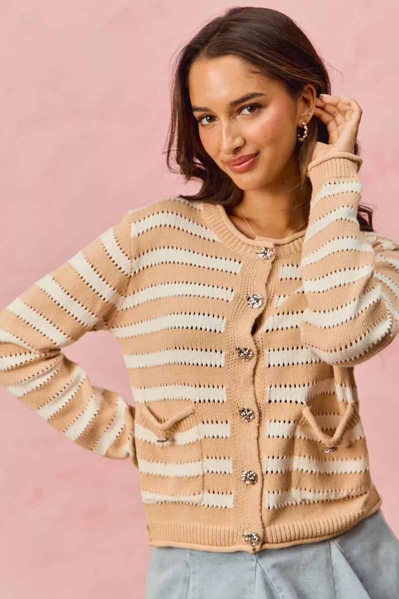 SO ME Stripe Long Sleeves Button Sweater Cardigan - Demented Sisters