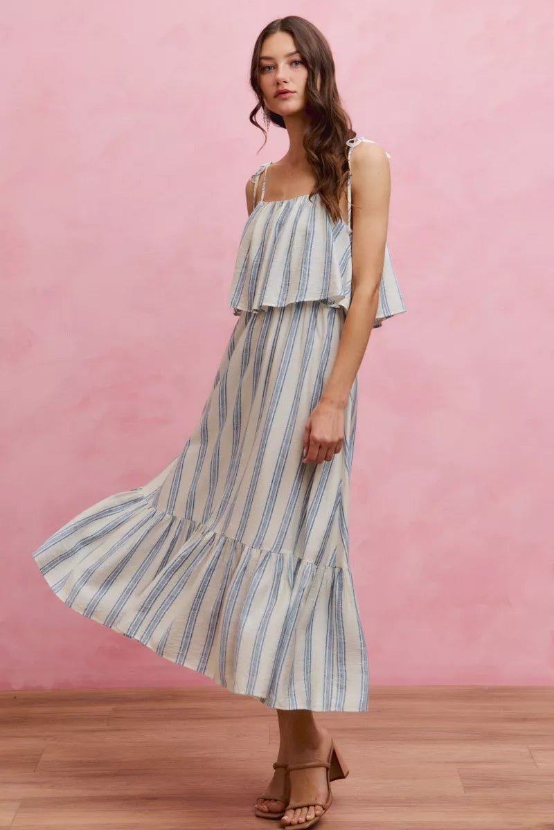 SO ME Stripe Tiered Shoulder Tie Midi Lined Dress - Demented Sisters