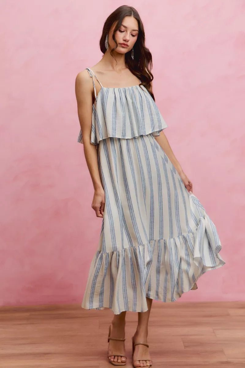 SO ME Stripe Tiered Shoulder Tie Midi Lined Dress - Demented Sisters