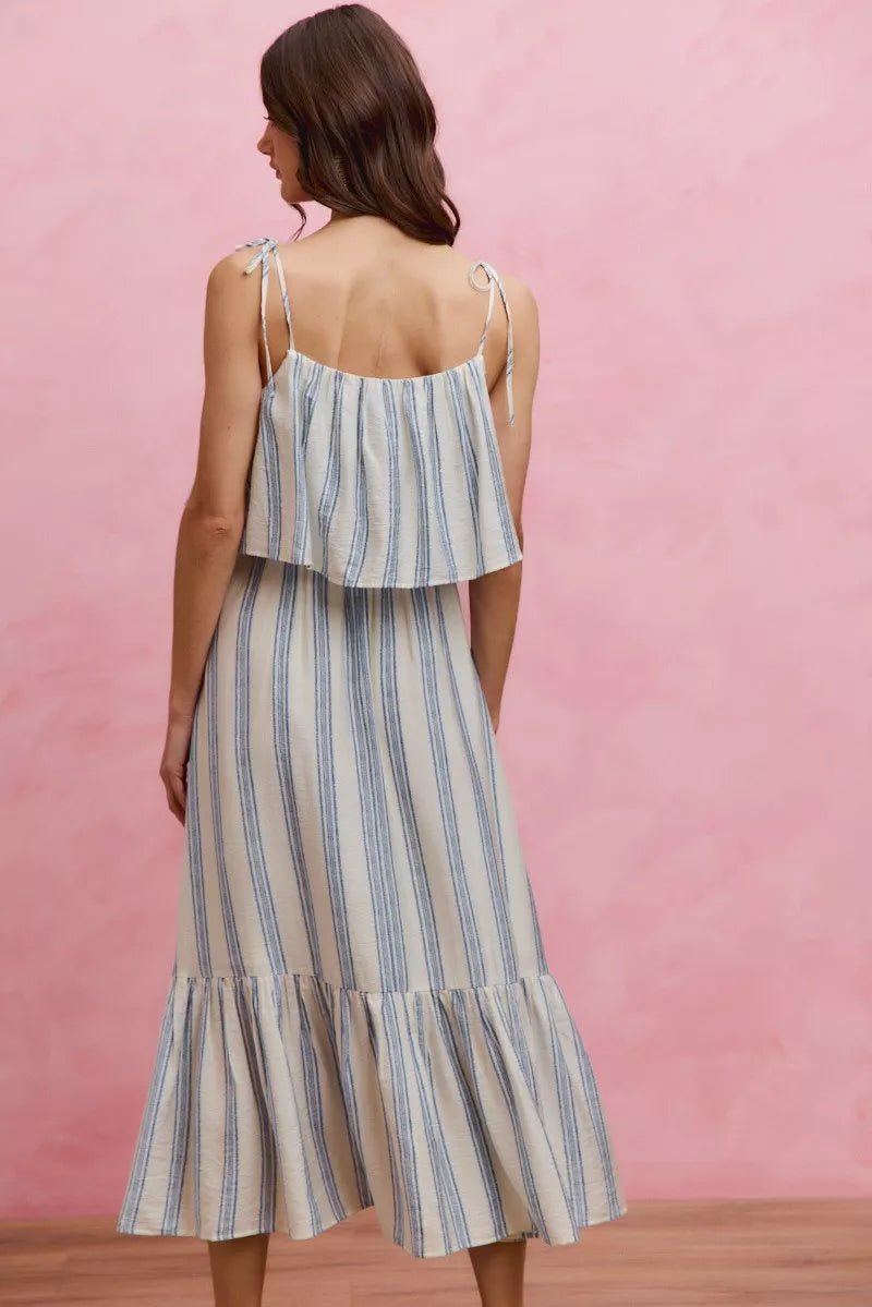 SO ME Stripe Tiered Shoulder Tie Midi Lined Dress - Demented Sisters