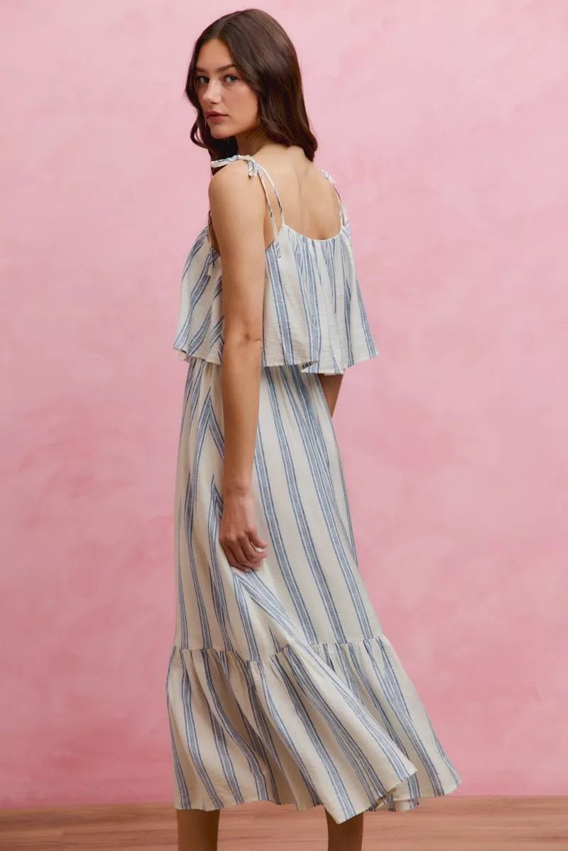 SO ME Stripe Tiered Shoulder Tie Midi Lined Dress - Demented Sisters