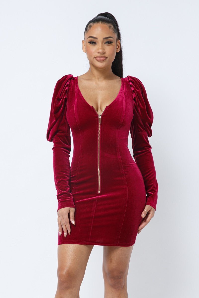 Soft Velvet Pleated Puff Sleeve Low V Neck Front And Back Mini Dress - Demented Sisters