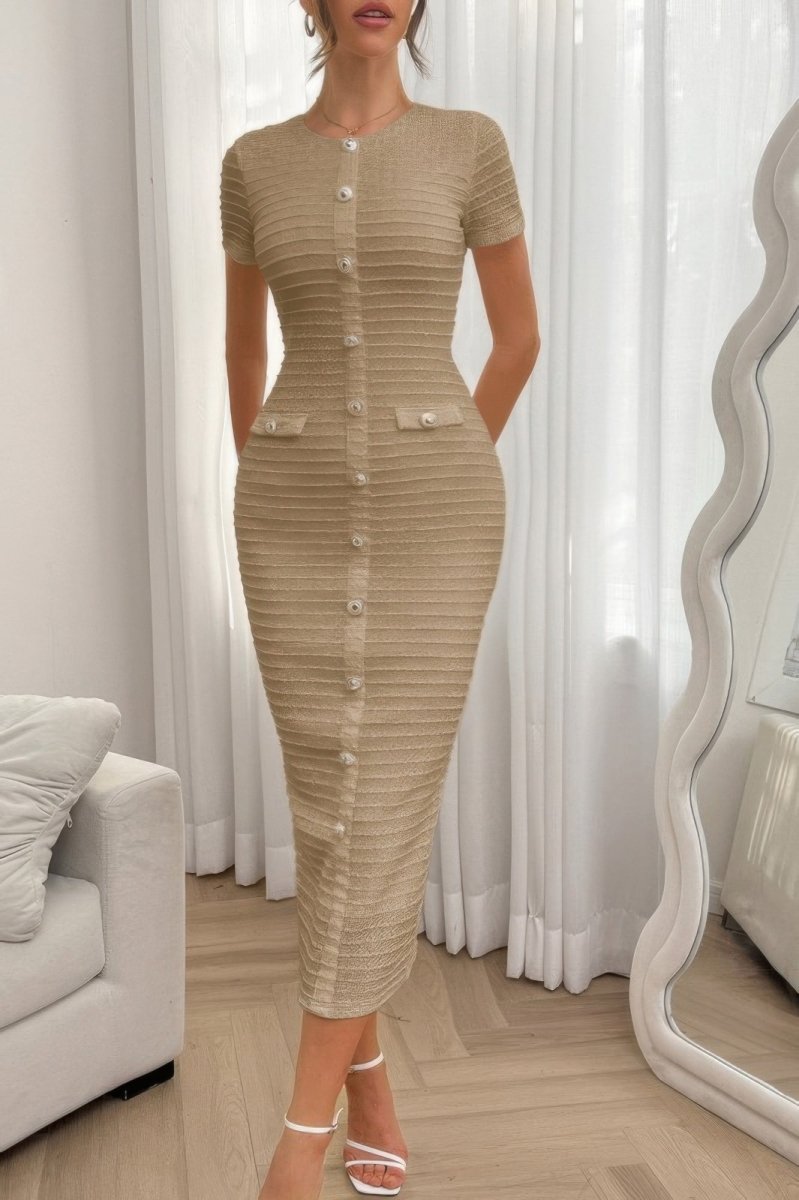 Solid Buckle Design Zipper Split Short Sleeve Dress - Demented Sisters