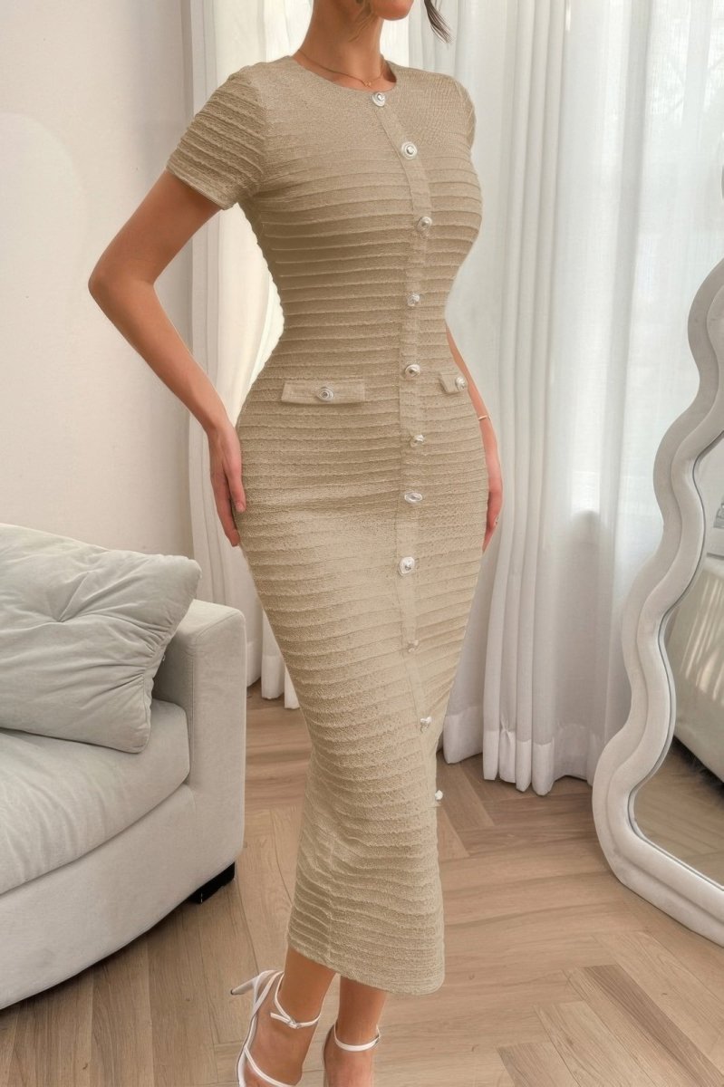 Solid Buckle Design Zipper Split Short Sleeve Dress - Demented Sisters