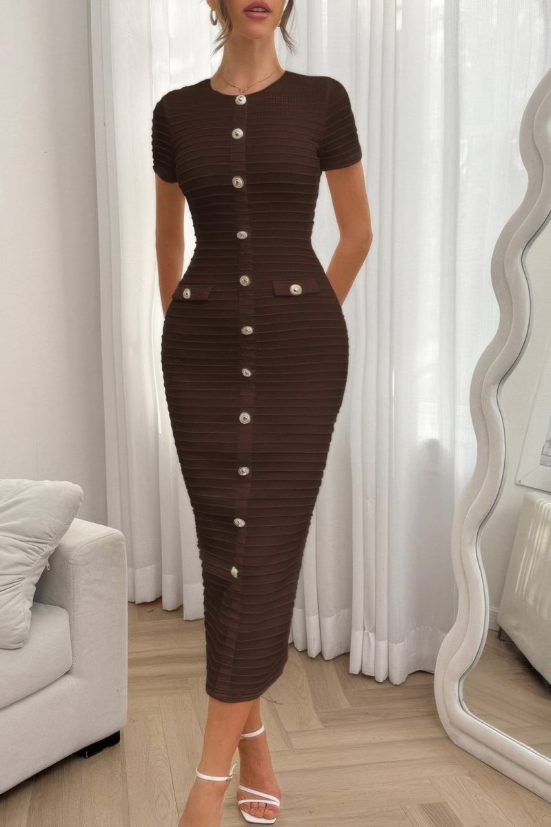 Solid Buckle Design Zipper Split Short Sleeve Dress - Demented Sisters