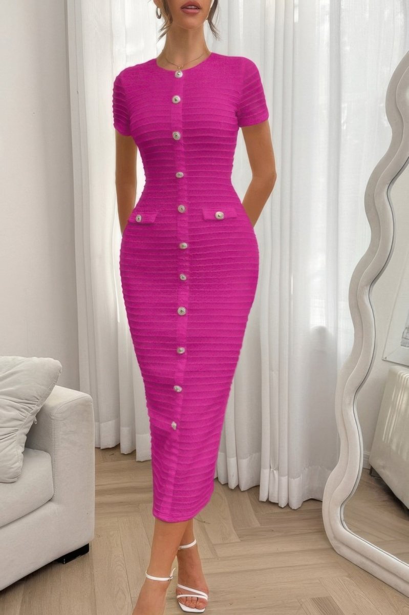 Solid Buckle Design Zipper Split Short Sleeve Dress - Demented Sisters