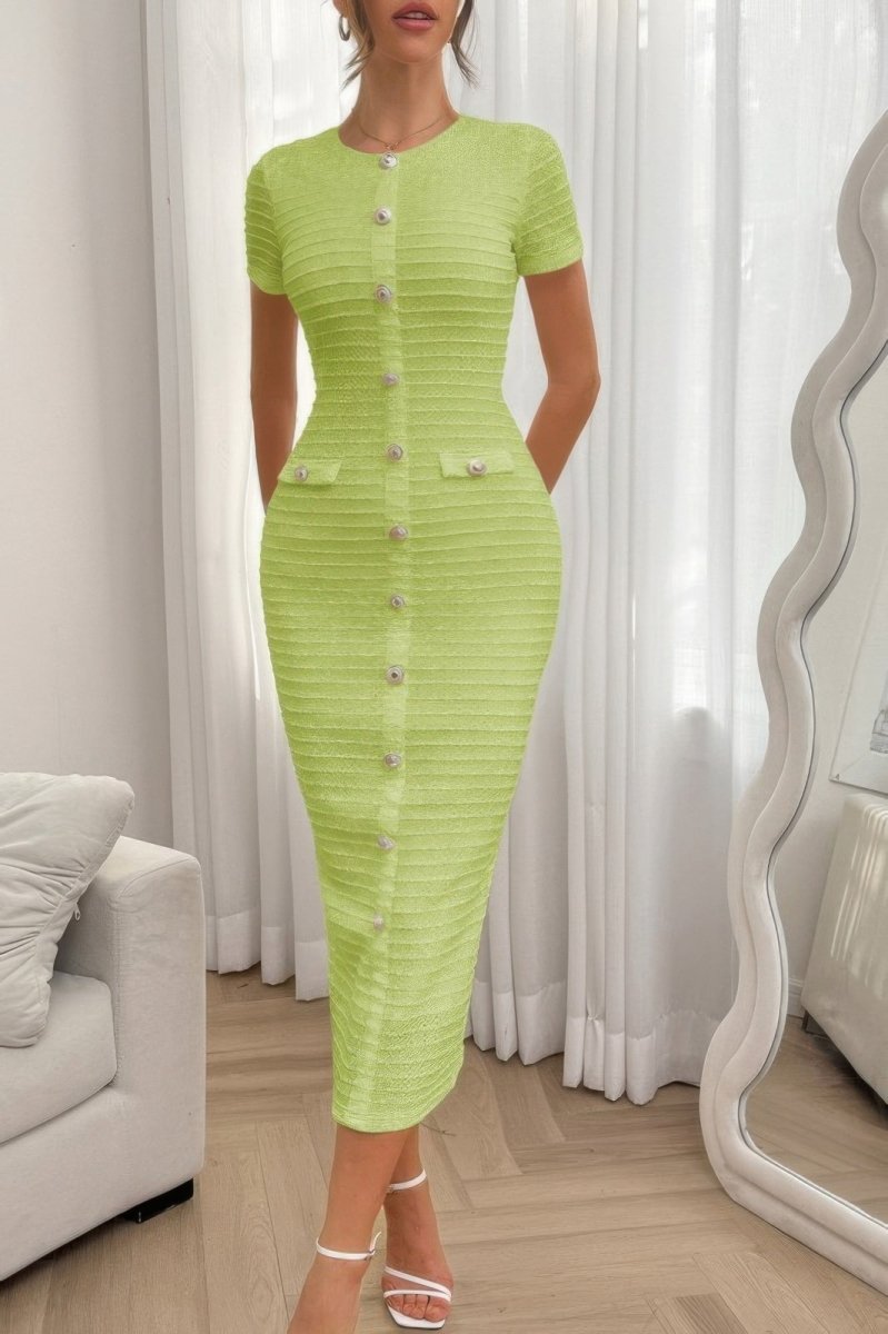 Solid Buckle Design Zipper Split Short Sleeve Dress - Demented Sisters