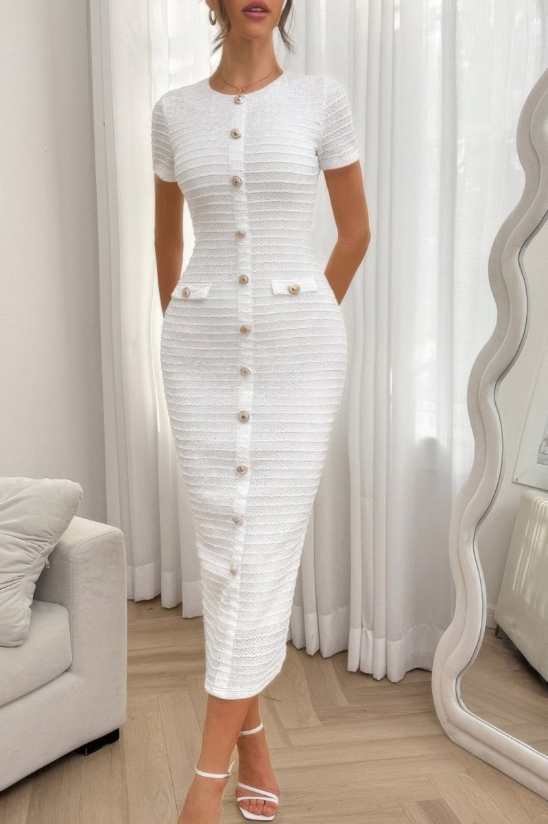 Solid Buckle Design Zipper Split Short Sleeve Dress - Demented Sisters