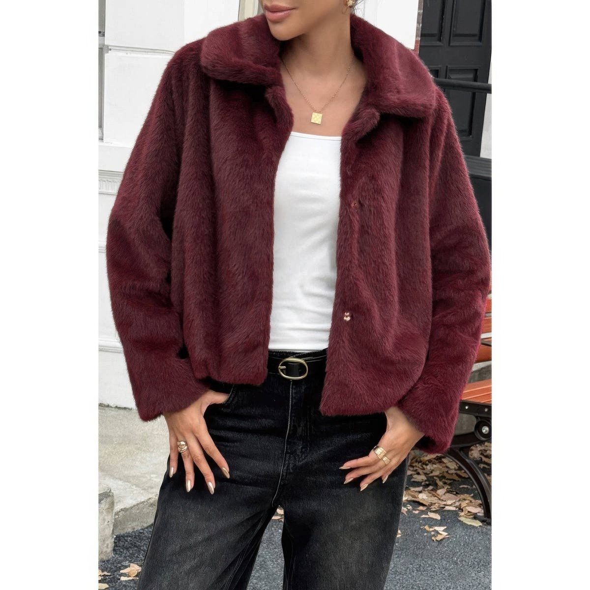 Solid Button Faux Fur Crop Jacket - Demented Sisters