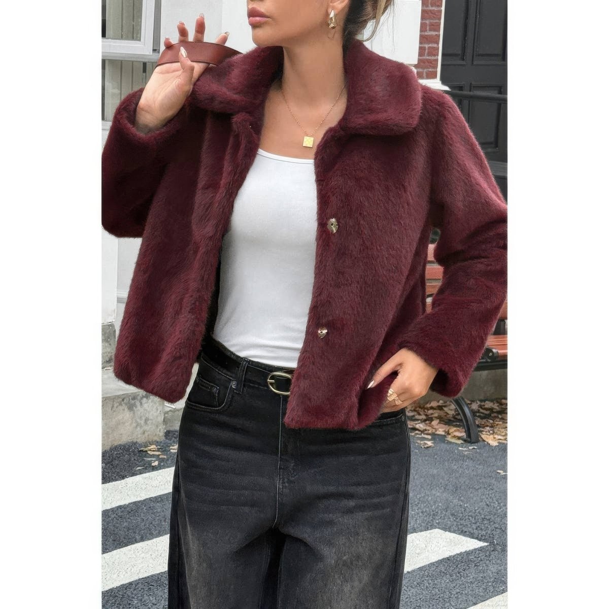 Solid Button Faux Fur Crop Jacket - Demented Sisters
