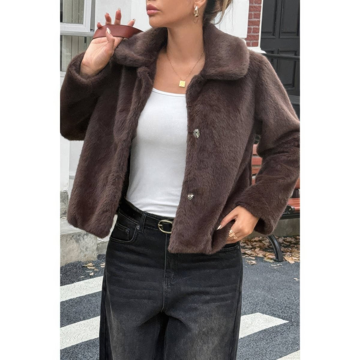 Solid Button Faux Fur Crop Jacket - Demented Sisters
