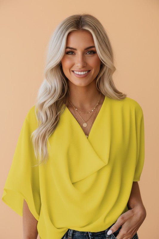Solid Cowl Neck Draped 3/4 Sleeve Blouse - Demented Sisters